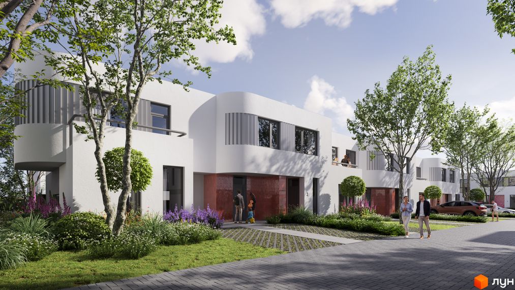 Котеджне містечко ARTPARK: білі фасади будівель з панорамними вікнами та зелена прибудинкова територія з квітами і деревами.