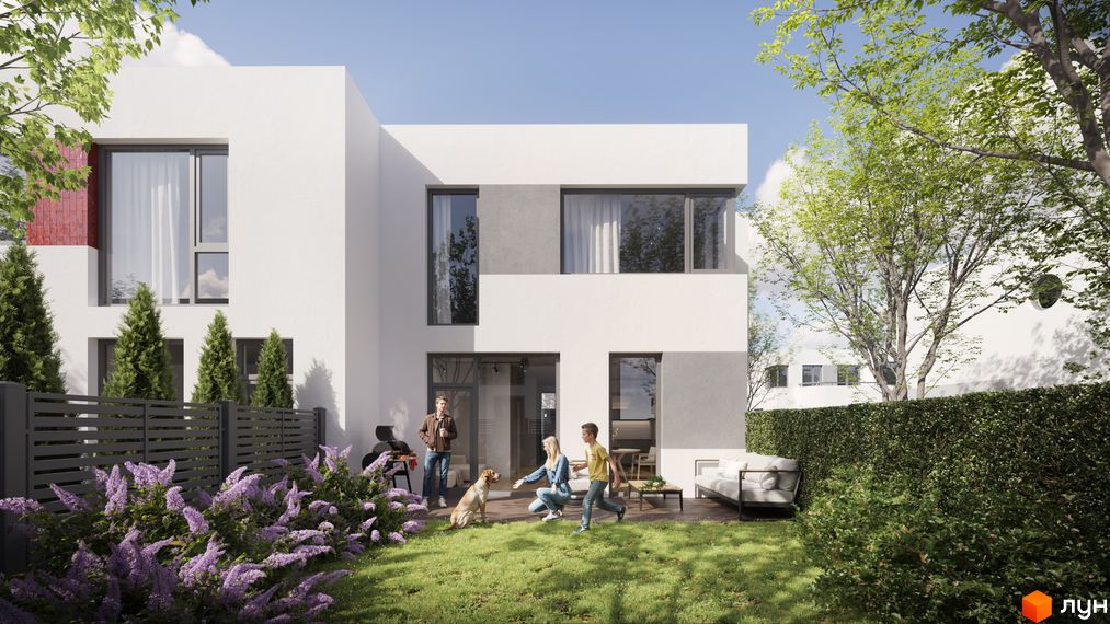 Котеджне містечко ARTPARK: двоповерхові будинки з панорамними вікнами та зеленою прибудинковою територією. На задньому дворі сім'я з собакою насолоджується відпочинком.