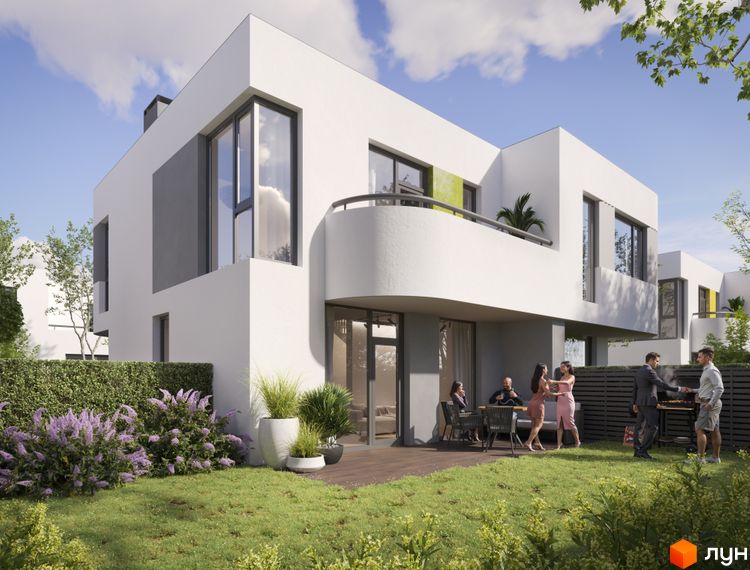 Котеджне містечко ARTPARK: білі двоповерхові будинки з великими вікнами та зелена прибудинкова територія з місцем для відпочинку.