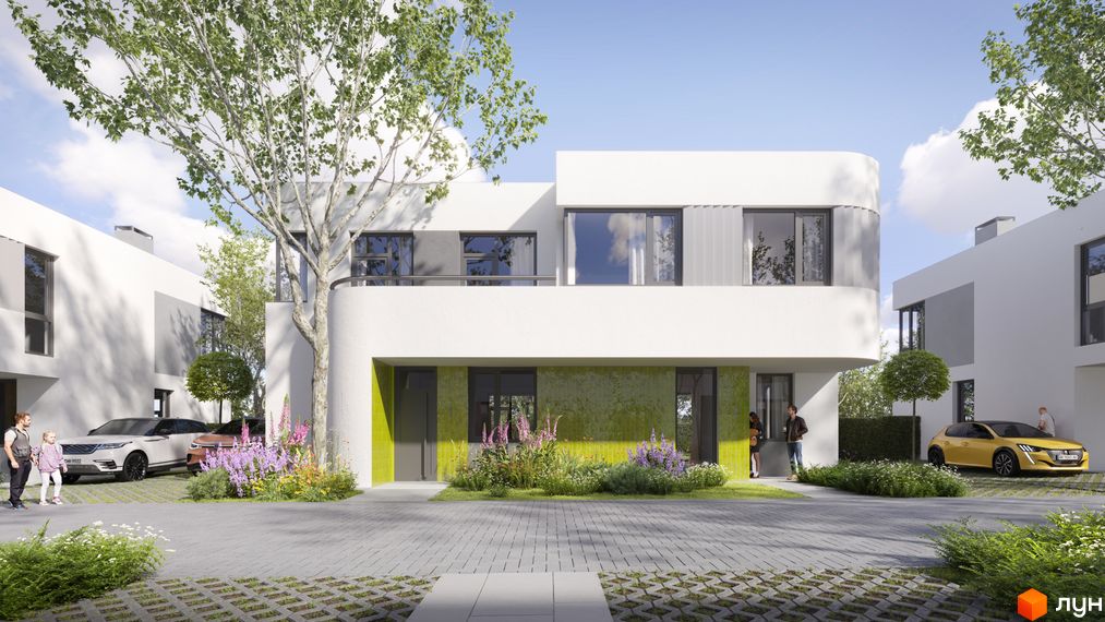 Котеджне містечко ARTPARK: двоповерхові будинки з панорамними вікнами та зеленою зоною. На території розташовані автомобілі та квіти.