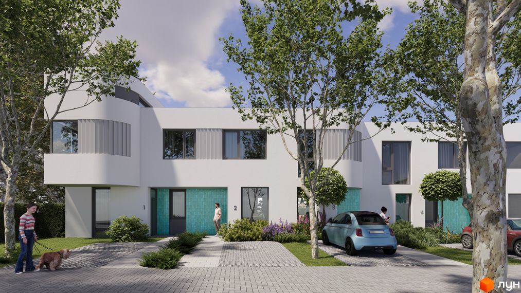 Зовнішній вигляд будинку КМ ARTPARK з білим фасадом та зеленими елементами, прибудинкова територія з деревами та автомобілями.