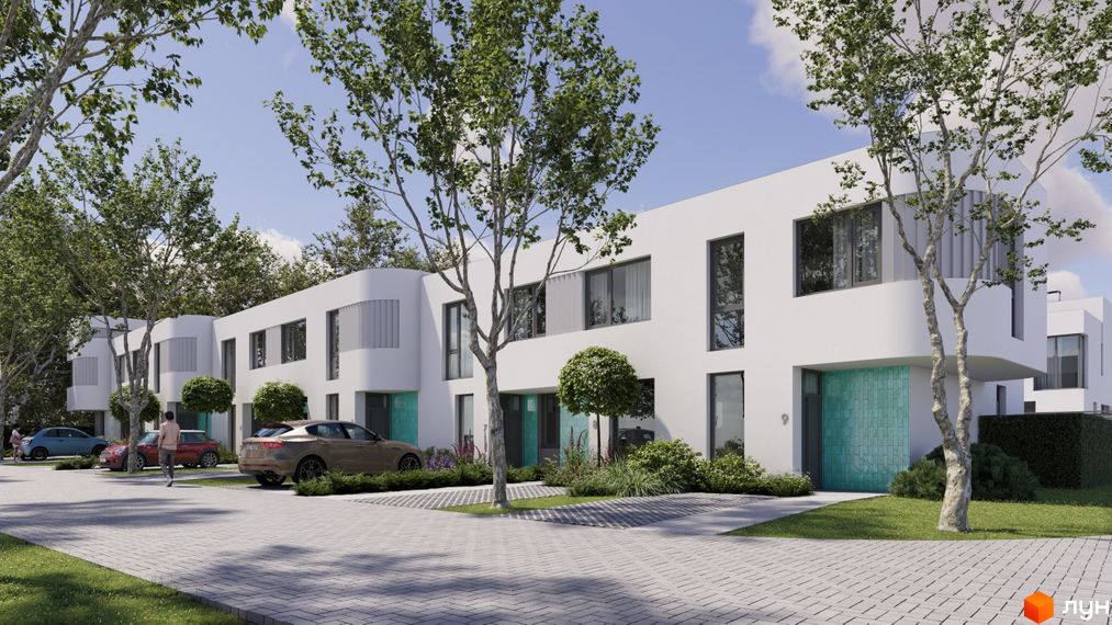 Зовнішній вигляд будинків житлового комплексу КМ ARTPARK з білими фасадами та великими вікнами. На прибудинковій території розташовані дерева, кущі та доріжки з бруківки.