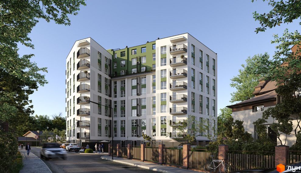 Зовнішній вигляд житлового комплексу GREEN PARK з білими та зеленими фасадами, балконами та прибудинковою територією з деревами та парканом.