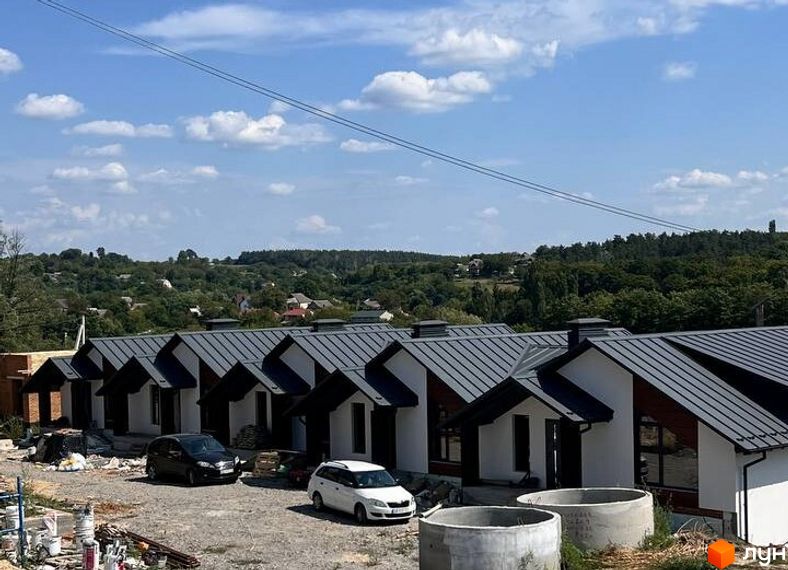 Таунхауси River Stone з сірими дахами та білими стінами на фоні зелених пагорбів. На прибудинковій території видно автомобілі та будівельні матеріали.