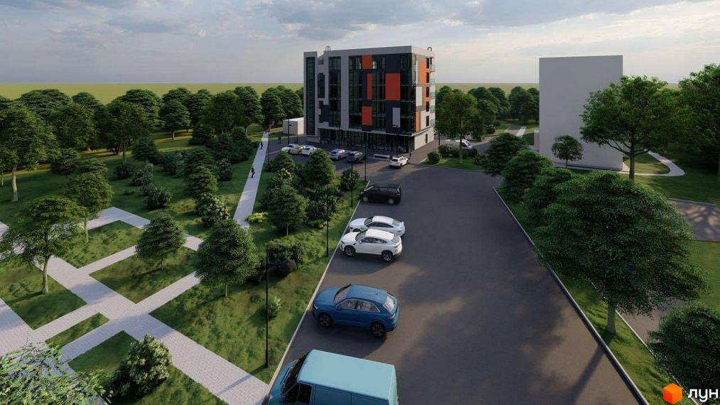 Зовнішній вигляд новобудови ЖК Кришталь з паркуванням та зеленою прибудинковою територією. Оглядовий вид на житловий комплекс.