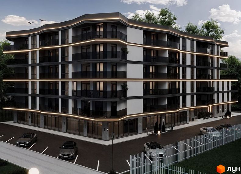 Житловий комплекс Riviera Residence з вигнутими балконами та підсвіткою. Навколо будинку розташована прибудинкова територія з парковкою та огорожею.