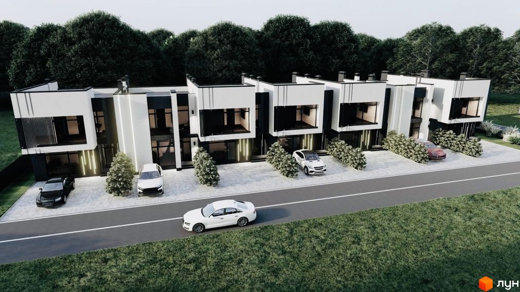 Зовнішній вигляд таунхаусів 7 Seven Townhouses з біло-чорним фасадом та великими вікнами, прибудинкова територія з паркуванням та зеленими насадженнями.