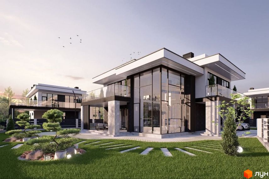 Котеджне містечко КМ Villa Crystal. Сучасний двоповерховий будинок з панорамним склінням та доглянутою прибудинковою територією з ландшафтним дизайном.