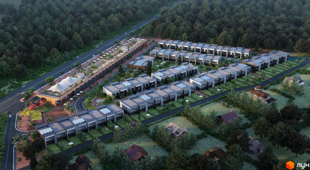 Таунхауси Promin town, вид згори на забудову з басейном та спортивними майданчиками. Навколо зелена зона та ліс.
