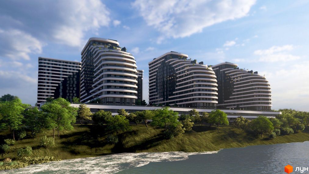 Комплекс SvitLand Residences з хвилястими фасадами та зеленими терасами, розташований біля річки та лісової зони.