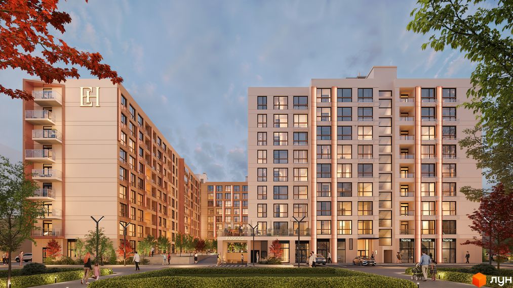 Житловий комплекс Parkway House з цегляним фасадом та скляними балконами. Навколо комплексу облаштована прибудинкова територія з деревами та освітленням.