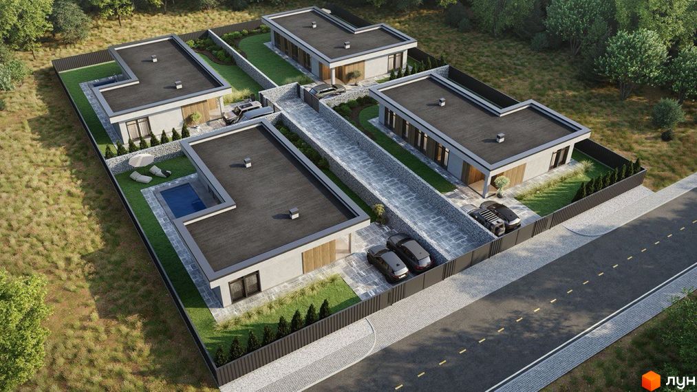 Котеджне містечко КМ Nova Residence: сучасні одноповерхові будинки з пласкими дахами, приватними басейнами та доглянутими ділянками. На території розташовані автомобілі та зони відпочинку.