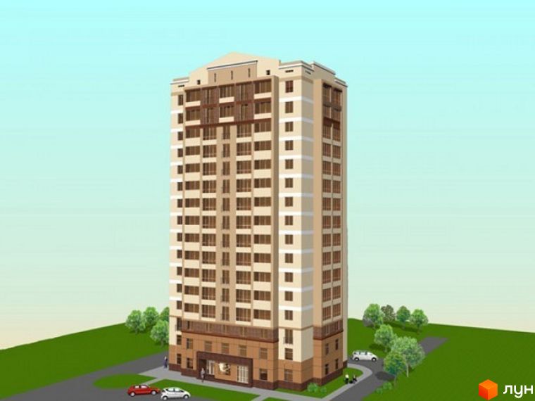 Висотна новобудова з коричневими та бежевими фасадами, великою кількістю вікон, розташована на фоні блакитного неба. На прибудинковій території видно дерева та автомобілі.