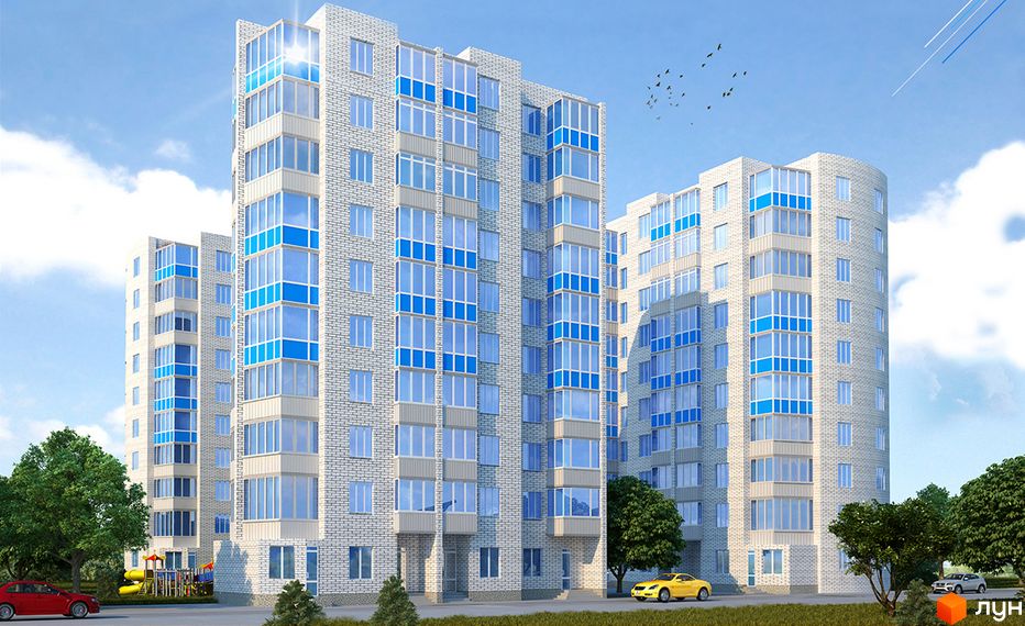 Житловий комплекс на Ливарній: багатоповерхові будинки світлого кольору з синіми вікнами та балконами, навколо зелені дерева, дитячий майданчик та автомобілі.