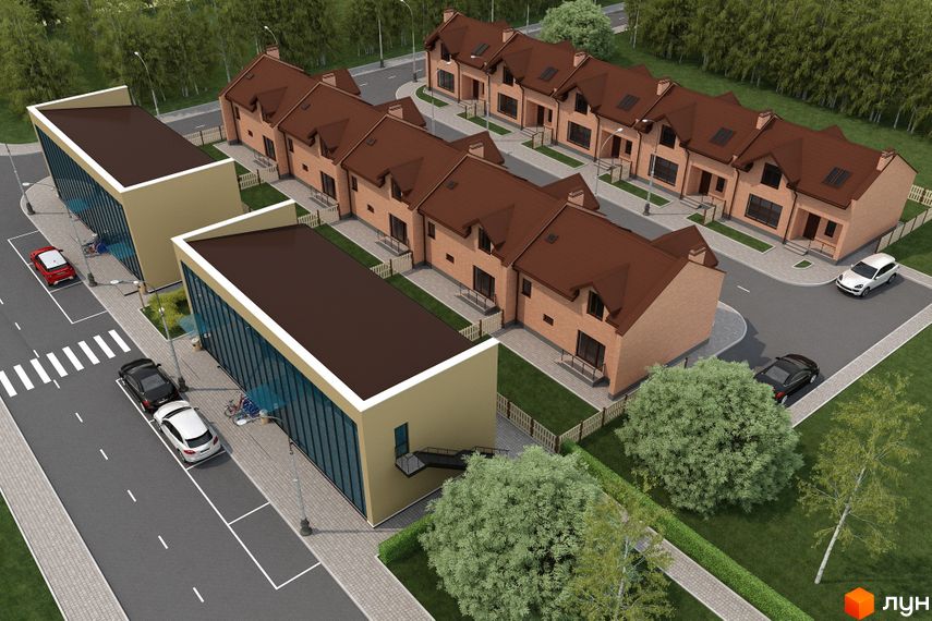 Таунхауси Sun House: двоповерхові цегляні будинки з коричневими дахами та прибудинковою територією з зеленими насадженнями та парковкою.