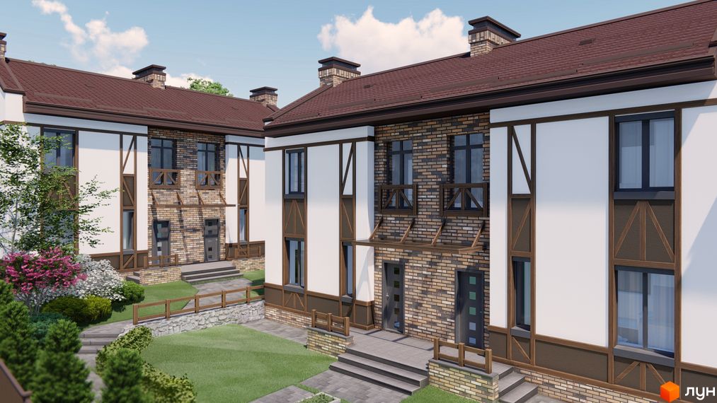 Таунхаус ENGLISH HOUSE з цегляним фасадом та білими стінами, з дерев'яними елементами. Навколо будинку доглянутий двір з зеленим газоном та квітами.