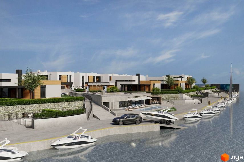 Котеджне містечко КМ Marina Club: фасади будинків з панорамними вікнами та терасами, басейн, яхти та причал.