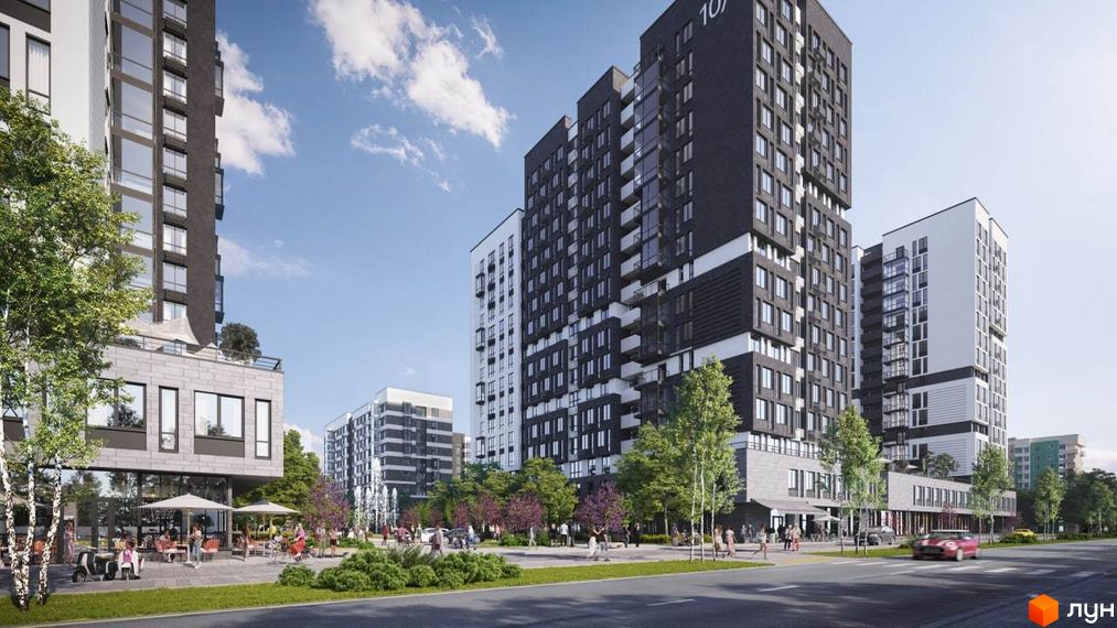 Новобудова Vyshgorod Sky з темним фасадом та білими вставками, поруч зелена зона відпочинку з людьми та деревами.