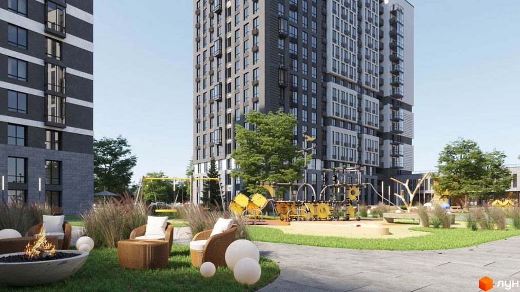 Житловий комплекс Vyshgorod Sky: фасади будівель та облаштований двір з дитячим майданчиком та зонами відпочинку.