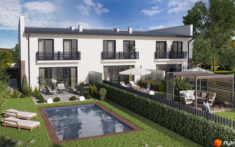 Фасад Таунхаусів LOFT HOUSE з білими стінами та темними балконами. На прибудинковій території басейн, патіо з меблями та зелений газон.