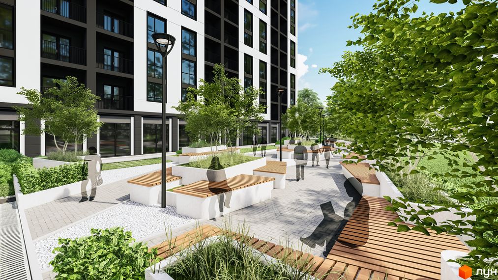 Житловий комплекс Квартал №5: багатоповерховий будинок з чорно-білим фасадом, оточений доріжками, деревами та лавками.