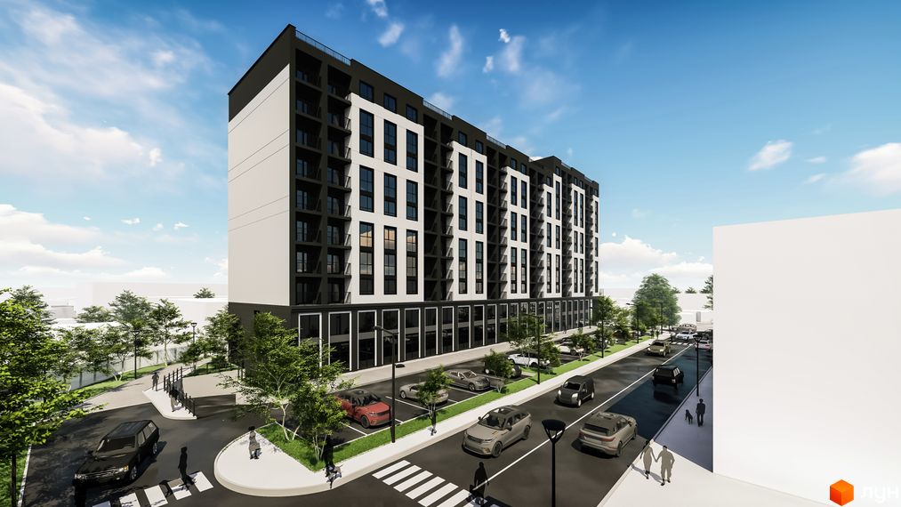 Зовнішній вигляд житлового комплексу Квартал №5 з білими та чорними фасадами, балконами та парковкою. Навколо будинку зелені дерева та пішохідні доріжки.