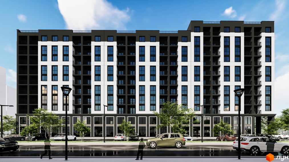 Житловий комплекс Квартал №5: багатоповерховий будинок з чорно-білим фасадом та вікнами. Перед ним дорога з автомобілями та зелені насадження.