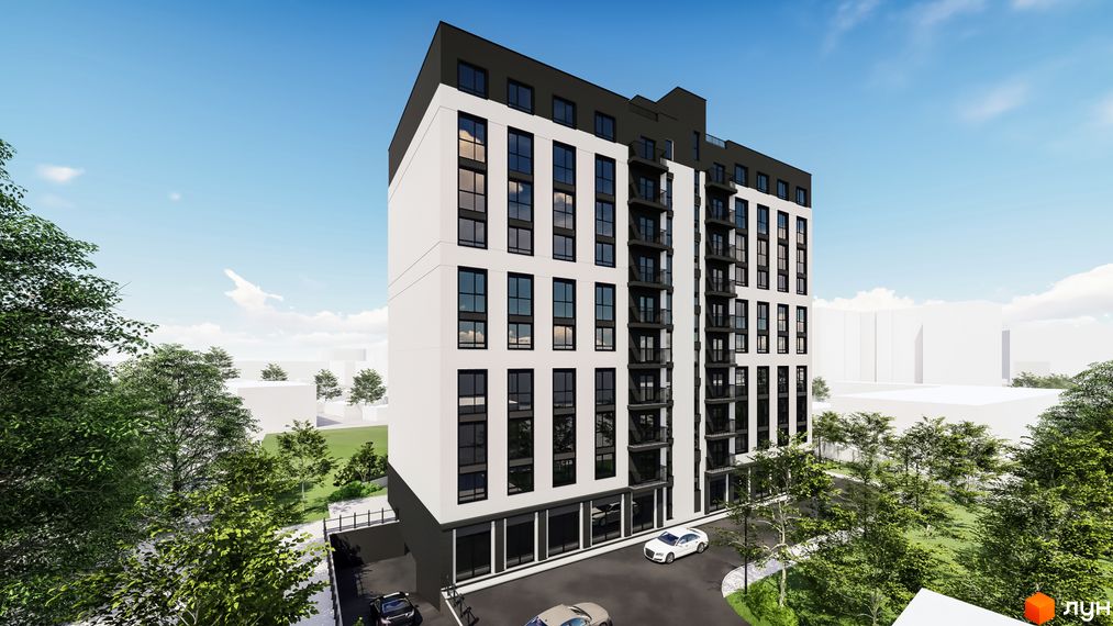 Житловий комплекс Квартал №5: багатоповерховий будинок білого кольору з чорними вікнами та балконами, оточений зеленими деревами та парковкою.