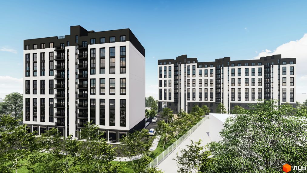 Житловий комплекс Квартал №5: багатоповерхові будинки з білими фасадами та чорними елементами, оточені зеленою територією.