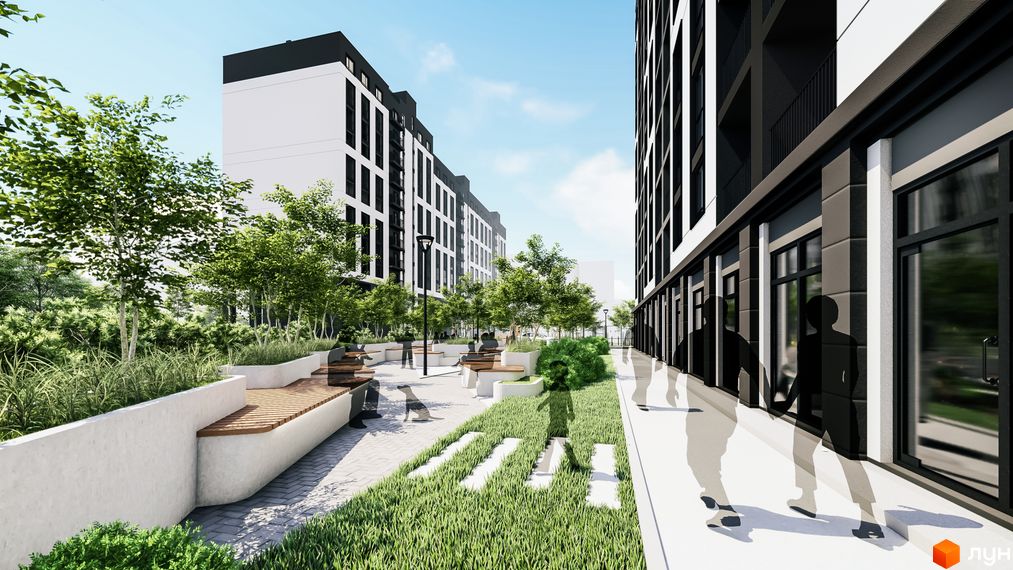 Житловий комплекс Квартал №5: фасади будівель з білими та чорними елементами, облаштований двір з лавками та зеленню.
