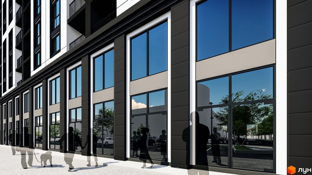 Фасад Житлового комплексу Квартал №5 має чорно-біле оздоблення, великі вікна. На першому поверсі панорамні вікна відображають зелені насадження та дорогу.