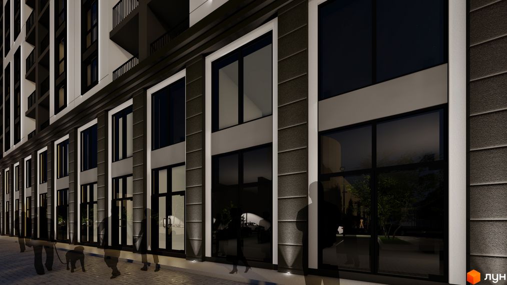 Фасад Житлового комплексу Квартал №5 з темними текстурованими панелями та білими вертикальними обрамленнями вікон. На тротуарі видно силуети людей.