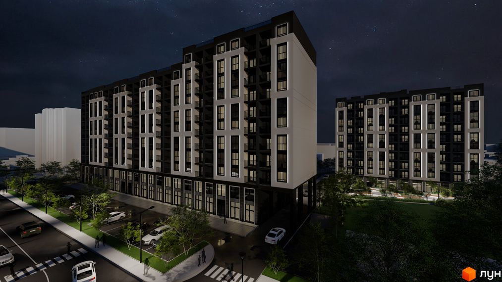 Житловий комплекс Квартал №5. Сучасна архітектура будівель з балконами та великими вікнами, прибудинкова територія з парковкою та деревами.