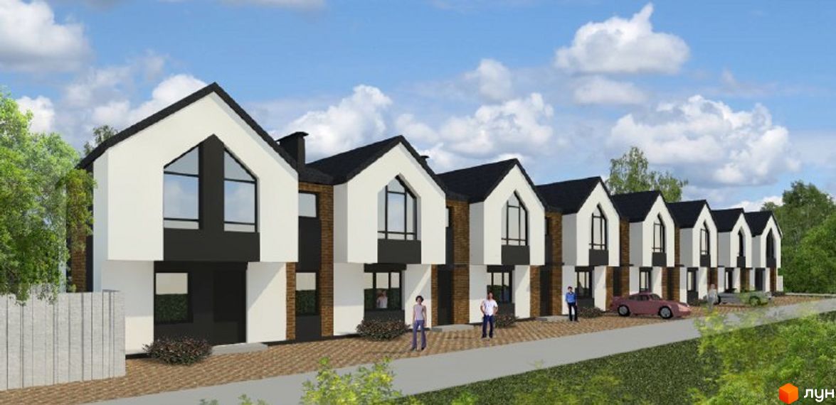 Зображення фасаду таунхаусів Amsterdam-2. Білі стіни, чорний дах та великі вікна. На прибудинковій території зелені насадження та тротуар.