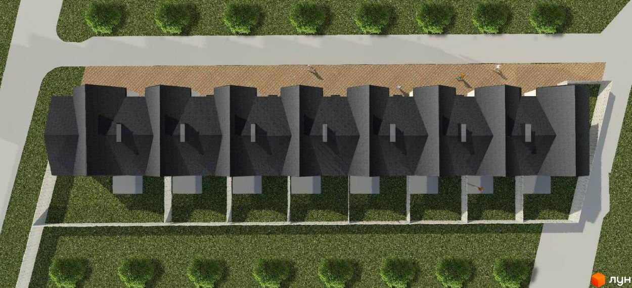 Вид зверху на таунхауси Amsterdam-2. На зображенні видно будинки з темним дахом та прибудинкову територію з газонами та доріжками.