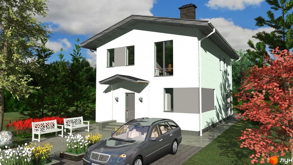 Зображення будинку в Котеджному містечку GREEN CLUB. Двоповерховий будинок з білими стінами, сірим дахом та припаркованим автомобілем.