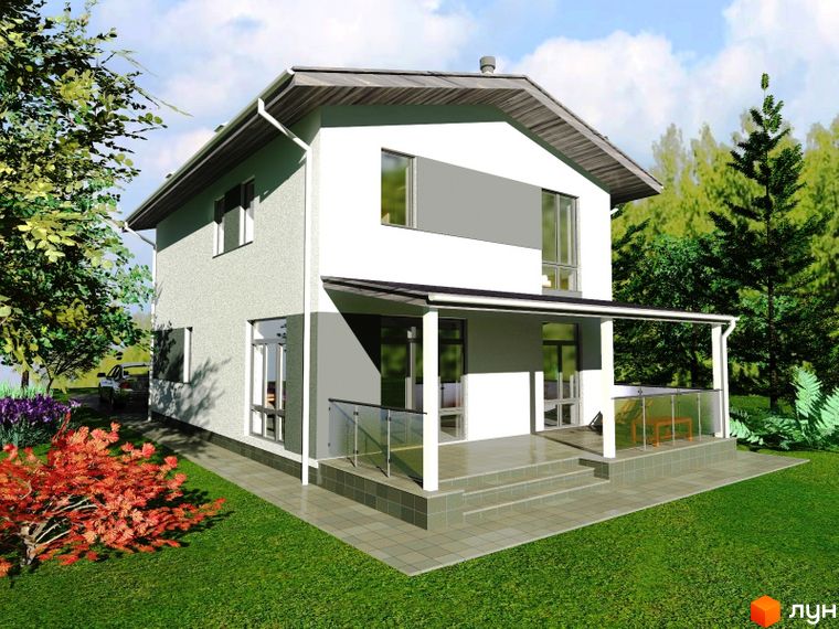 Зображення двоповерхового будинку з терасою в Котеджному містечку GREEN CLUB. Навколо будинку зелений газон та дерева.