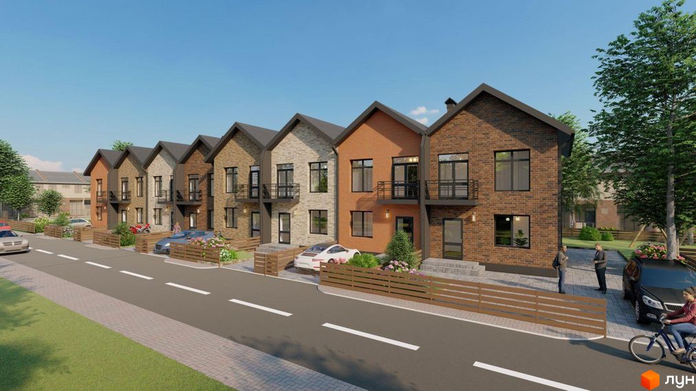 Таунхауси „Чемпіон“: ряд двоповерхових будинків з цегляними фасадами. Прибудинкова територія з дорогою, огорожами та автомобілями.