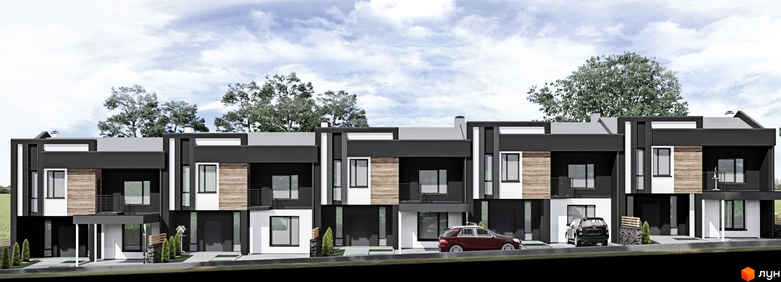 Фасад таунхаусів Кришталеве озеро з чорними та білими елементами, дерев'яними вставками та прибудинковою територією з деревами та автомобілями. Нова забудова.