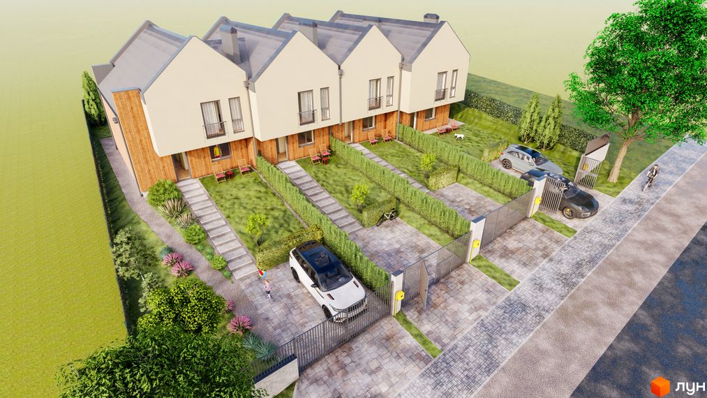 Таунхаус Soul House - це триповерхові будинки з двосхилими дахами та дерев'яними елементами фасаду. На прибудинковій території розташовані доглянуті газони, доріжки та паркувальні місця.