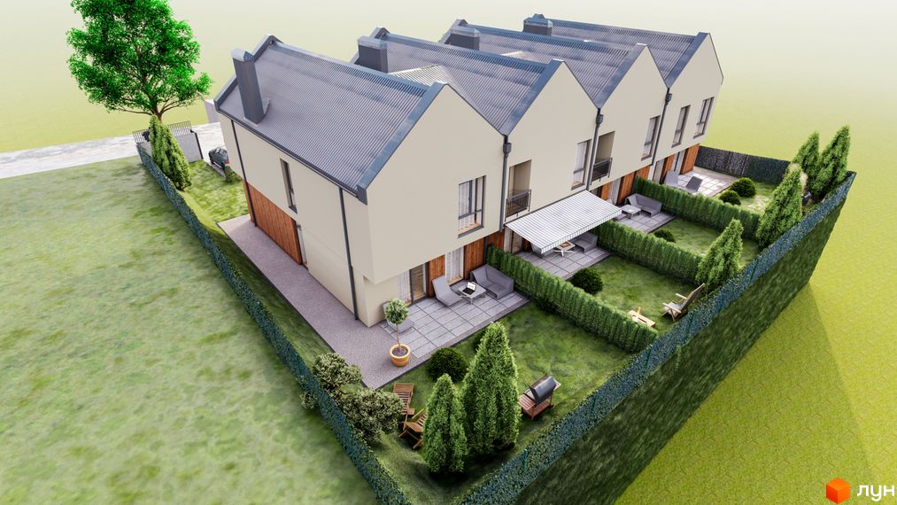 Таунхаус Soul House з сірими дахами та світлими фасадами, з прибудинковою територією, зонами відпочинку та зеленими насадженнями.