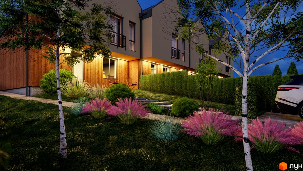 Таунхаус Soul House з дерев'яним оздобленням фасаду та доглянутою прибудинковою територією з декоративними рослинами.