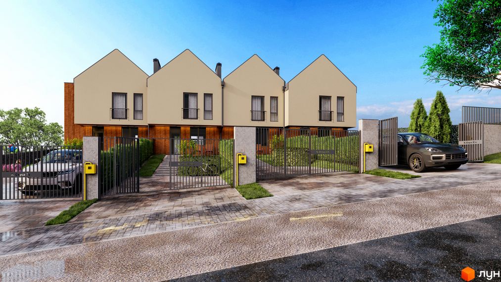 Таунхауси Soul House з двома поверхами та двосхилими дахами, перед будинками паркан та доглянута територія з газоном. На території є автомобілі та паркувальні місця.