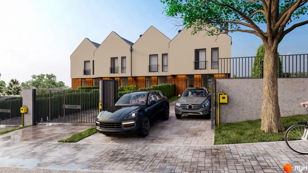 Таунхаус Soul House з сучасним фасадом та прибудинковою територією з паркуванням та огорожею. Опис новобудови для сайту.