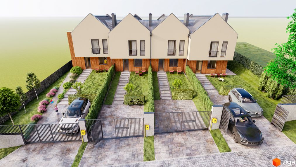 Таунхаус Soul House з індивідуальними ділянками та паркінгом. Сучасна архітектура та доглянута прибудинкова територія.