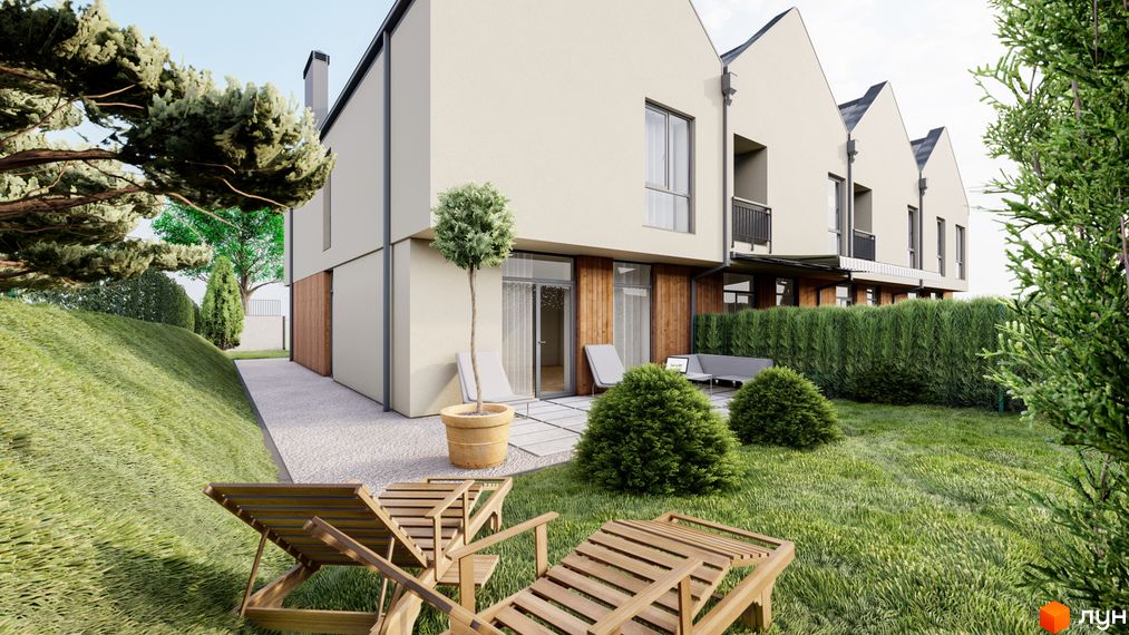 Комплекс Soul House: триповерхові таунхауси з пласкими дахами, великими вікнами та дерев'яними елементами фасаду. Прибудинкова територія з газоном, кущами та місцями для відпочинку.