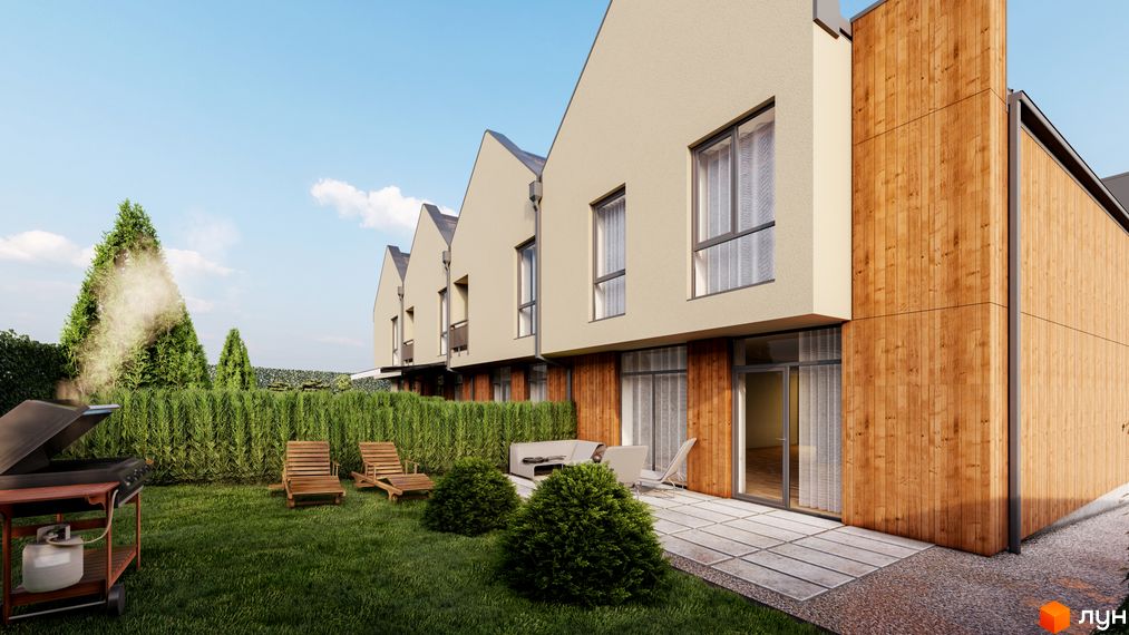 Таунхаус Soul House з дерев'яним фасадом та зеленим подвір'ям з зоною відпочинку. Сучасний будівельний проєкт з терасою та барбекю.