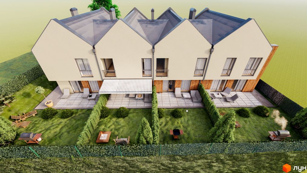 Таунхаус Soul House - сучасна архітектура та затишна прибудинкова територія з зонами відпочинку. Огляньте фасади та планування новобудови.