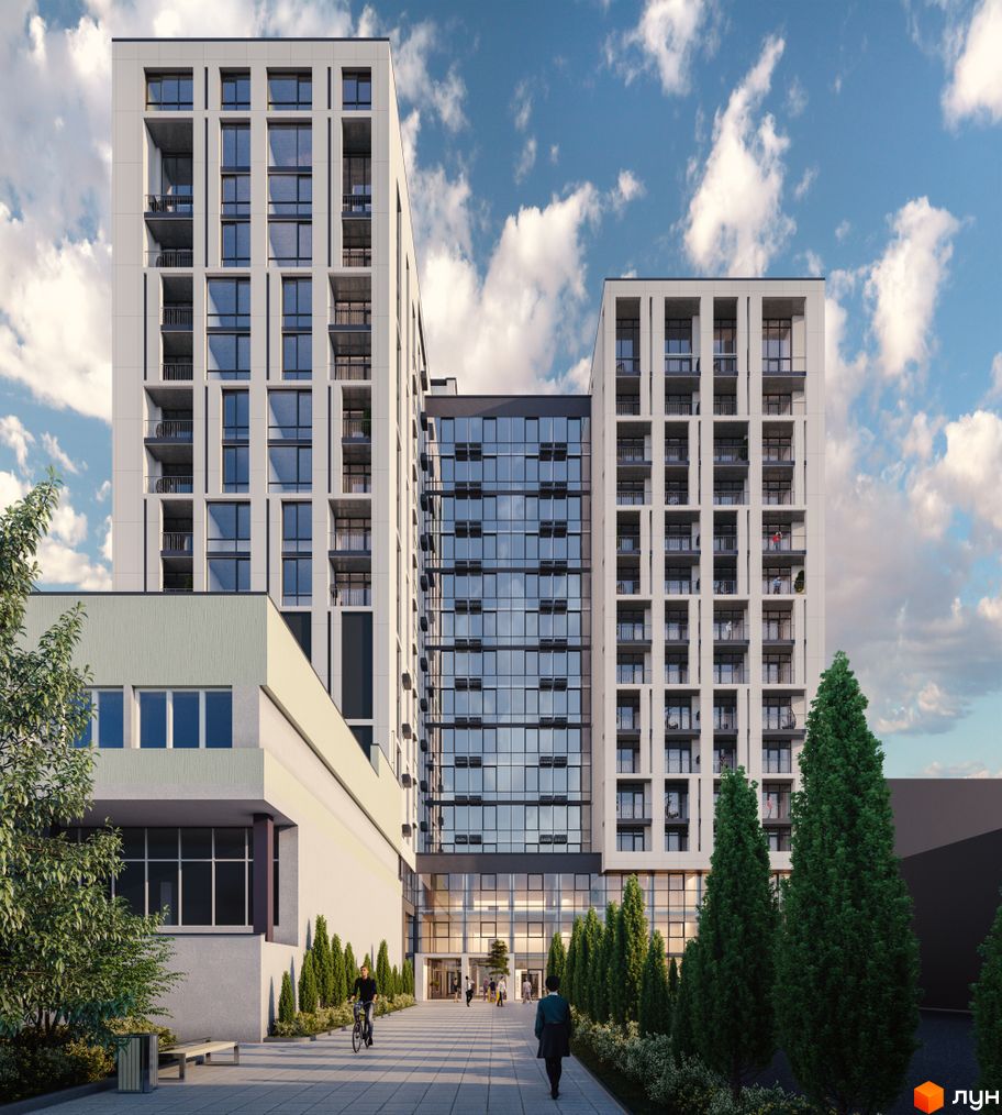 Апарт-комплекс WELL towers з білими фасадами та великою кількістю скління. Поруч доглянута прибудинкова територія з деревами та пішохідною доріжкою.