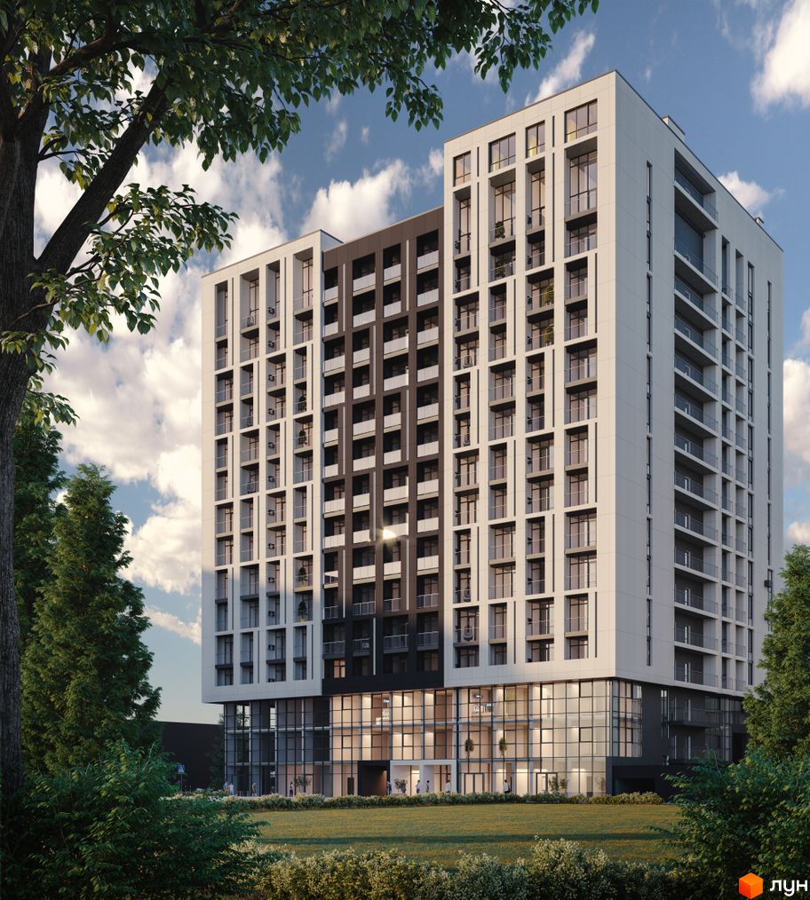 Апарт-комплекс WELL towers - це сучасна новобудова з панорамними вікнами та балконами, оточена зеленою зоною та деревами.